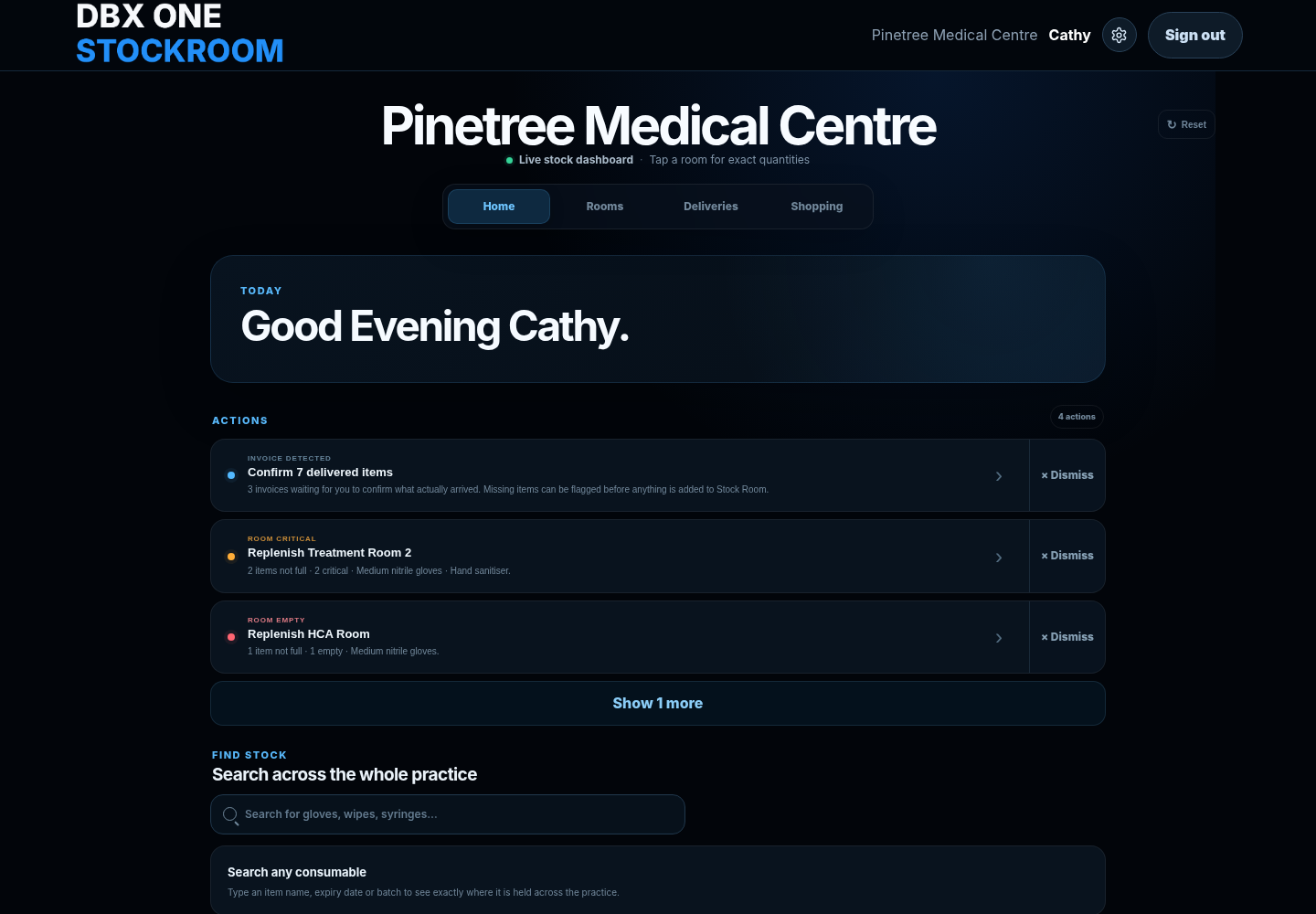 DBX ONE STOCKROOM desktop action list showing delivery and room stock issues