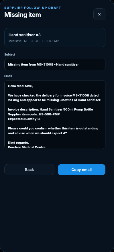 DBX ONE STOCKROOM supplier follow-up draft for a missing delivery item