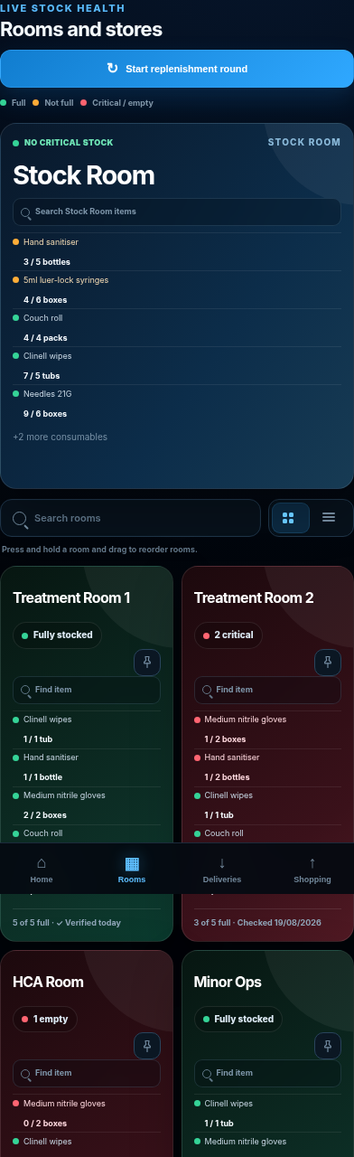 DBX ONE STOCKROOM rooms and stores view on a phone